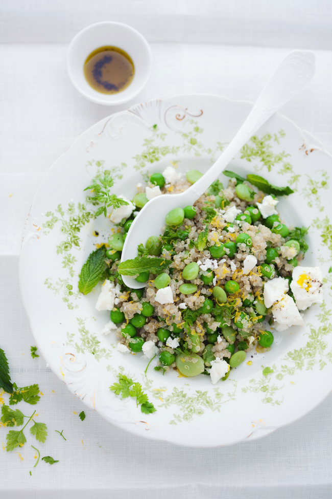 Quinoa salad with peas, favas, feta mint and lemon