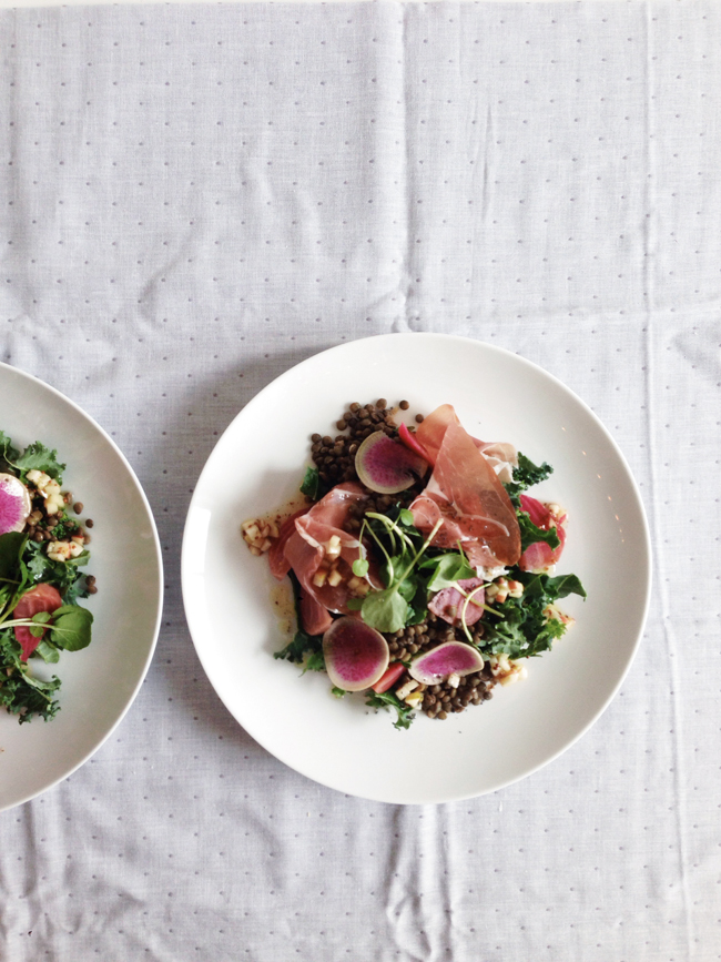 Bitter green, lentil, beet and prosciutto salad 