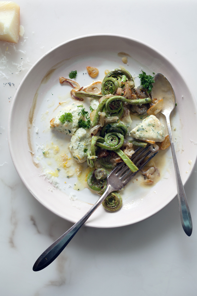 Nettle and ricotta gnudi with fiddlehead ferns | Cannelle et Vanille